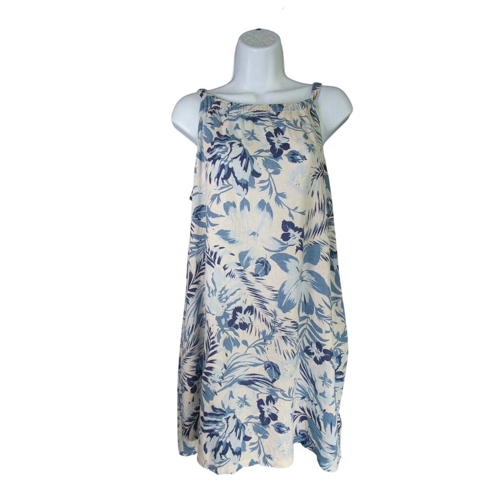 C&C California Linen Blend‎ Dress Womens L Blue Tropical Floral Sun Dress Halter